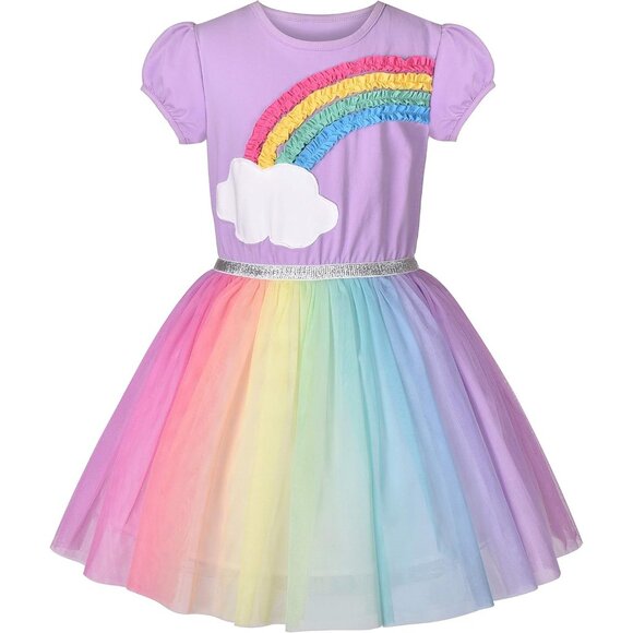 🆕Girls Purple Dress Short Sleeve Rainbow Tulle Skirt Cotton Birthday Party - Picture 1 of 6